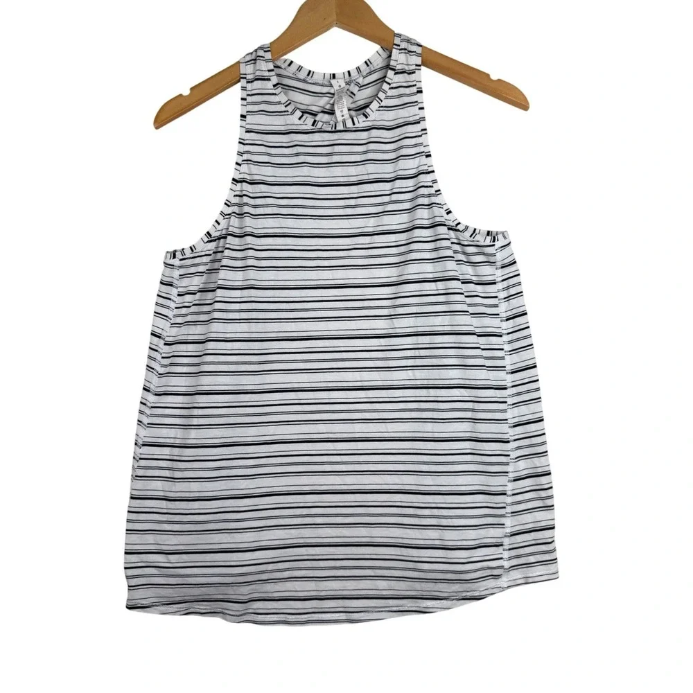 Lululemon Women's Striped High Neck Tie Back Tank Top size 8 White/Black